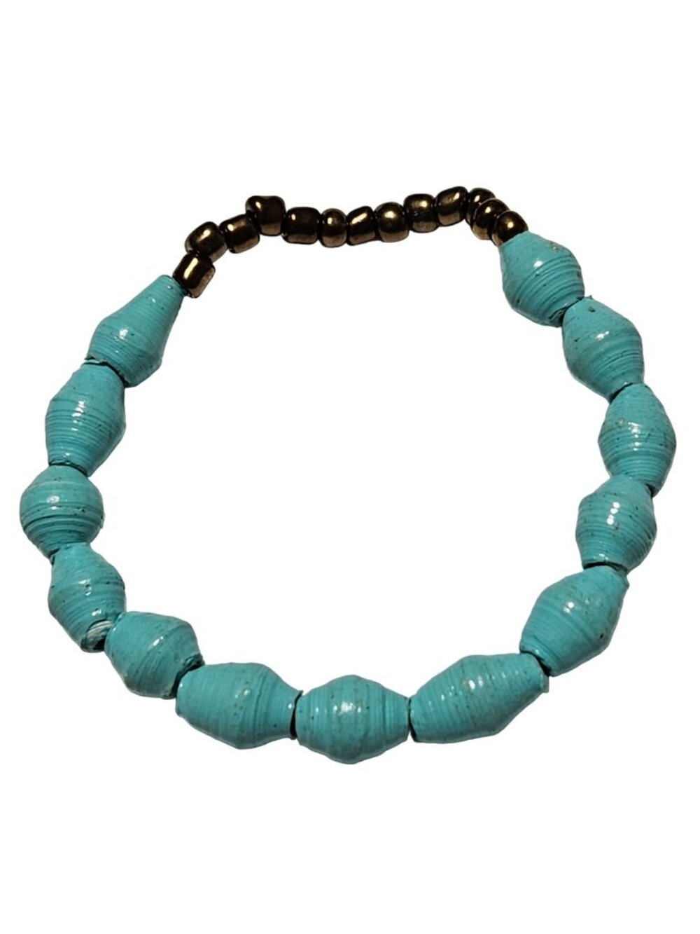 Handcrafted Paper Beaded Bracelet Eco Friendly Recycled Blue Gold Beads Elastic